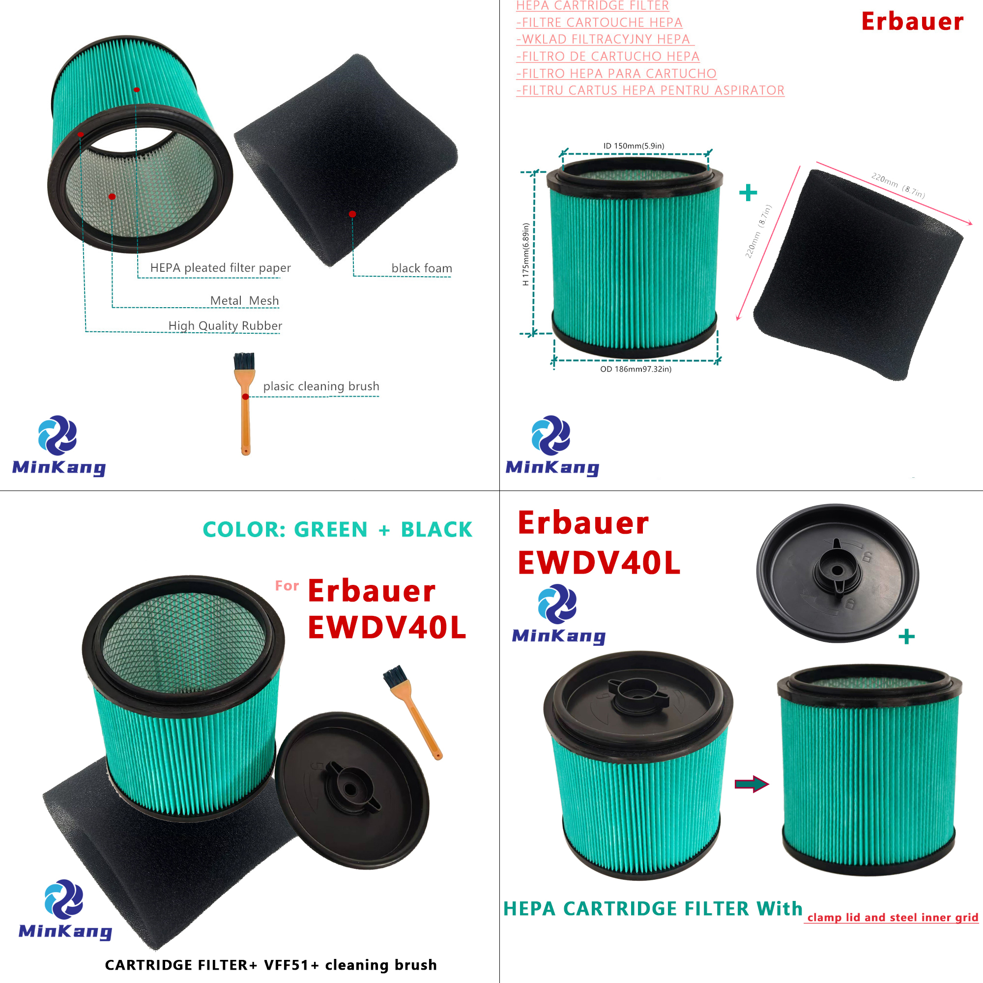 EVAC001HEPA CARTRIDGE FILTER With clamp lid and steel inner grid and VFF51 with cleaning brush EVAC001HEPA CARTRIDGE FILTER With clamp lid and steel inner grid and VFF51 with cleaning brush