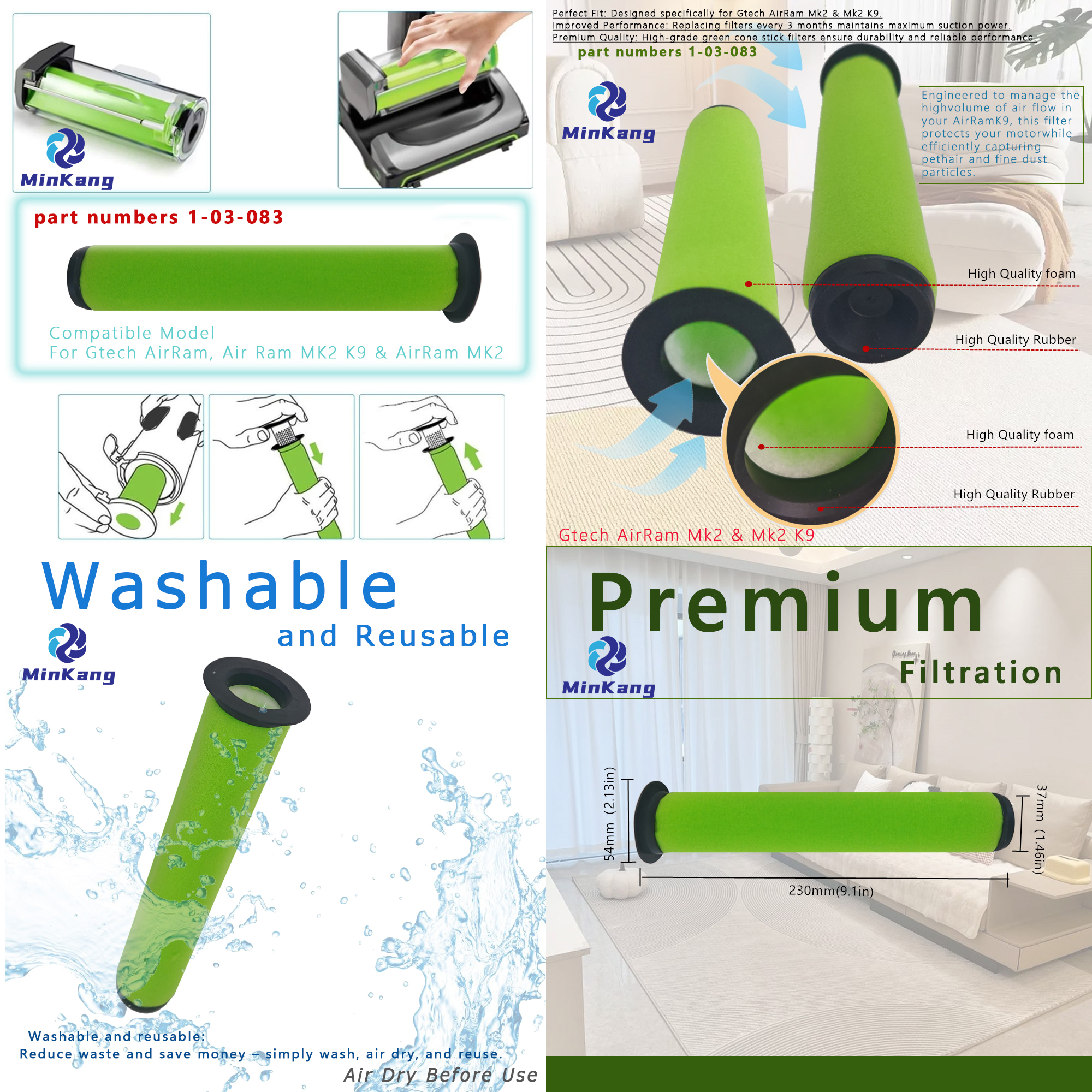 Washable Filters for Gtech AirRam Mk2 & Mk2 K9 Premium Replacement 1-03-083 Washable Filters for Gtech AirRam Mk2 & Mk2 K9 Premium Replacement 1-03-083