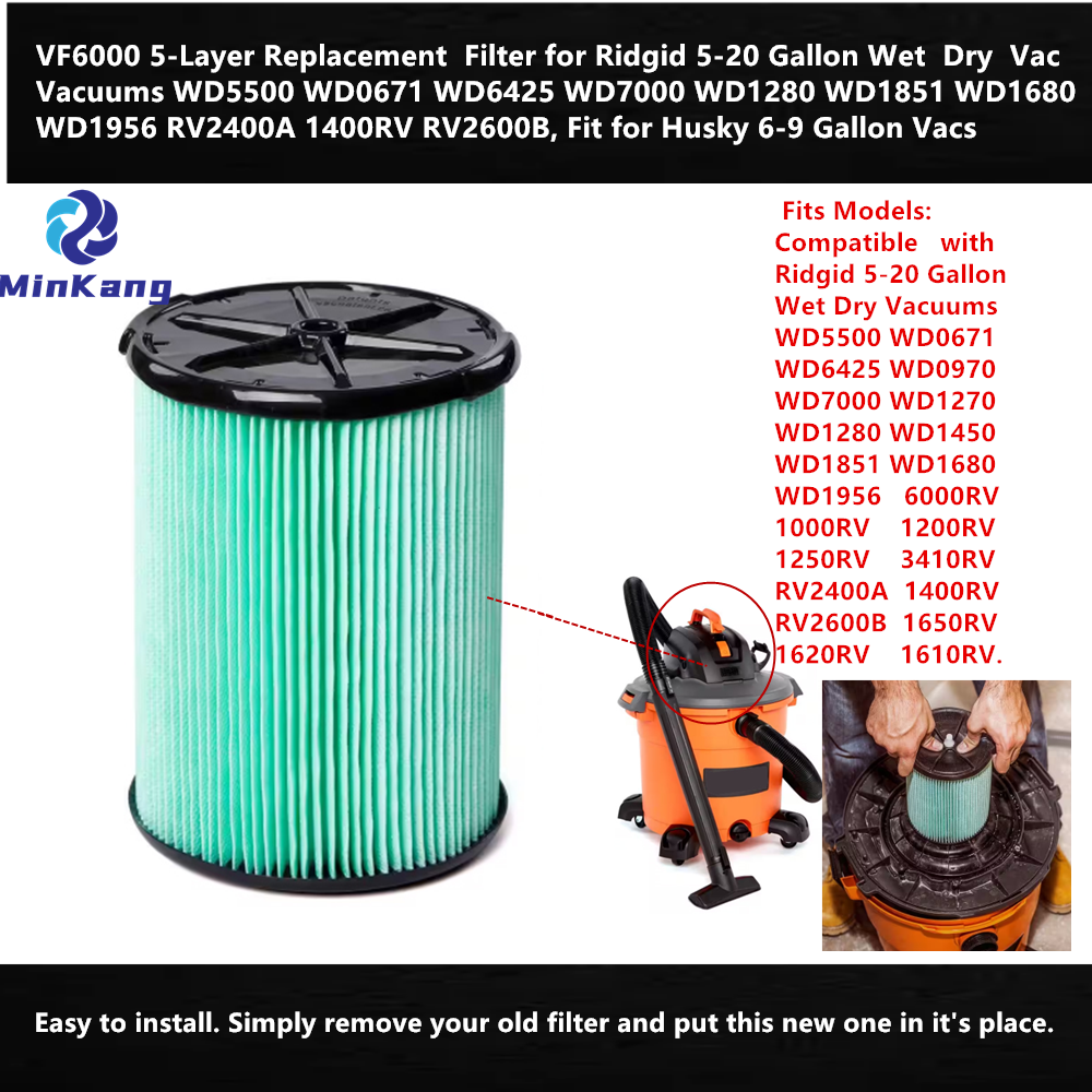 VF6000 5-Layer Cartridge HEPA Filter for Ridgid 5-20 Gallon Wet Dry Vac Vacuums （Green）
