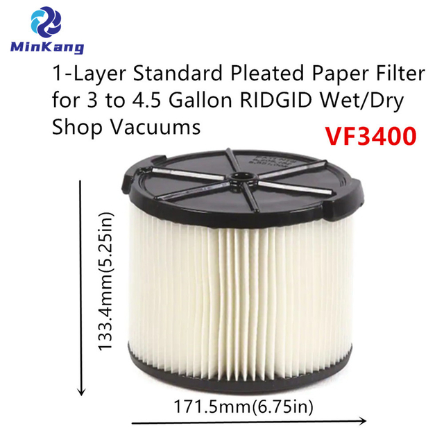 White VF3400 1-Layer Standard Pleated Paper Filter for 3 to 4.5 Gallon RIDGID Wet/Dry Shop vacuum cleaner parts