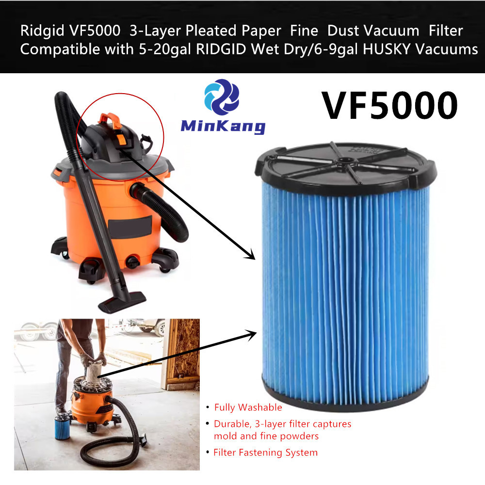 VF5000 Fine Dust 3-Layer Cartridge HEPA Filter for Ridgid 5-20 Gallon Wet Dry Vac Vacuums （Blue）