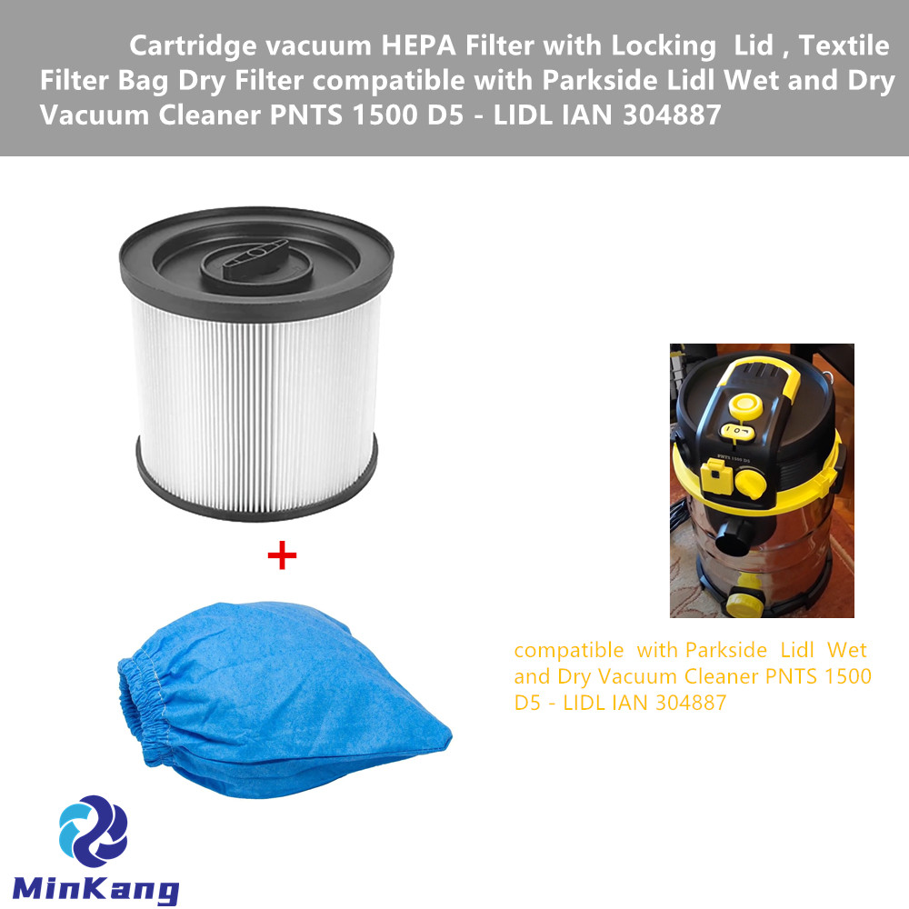 White Cartridge vacuum HEPA Filter with Locking Lid, Textile blue Filter Bag Dry Filter for Parkside Lidl Wet and Dry Vacuum Cleaner PNTS 1500 D5 - LIDL IAN 304887