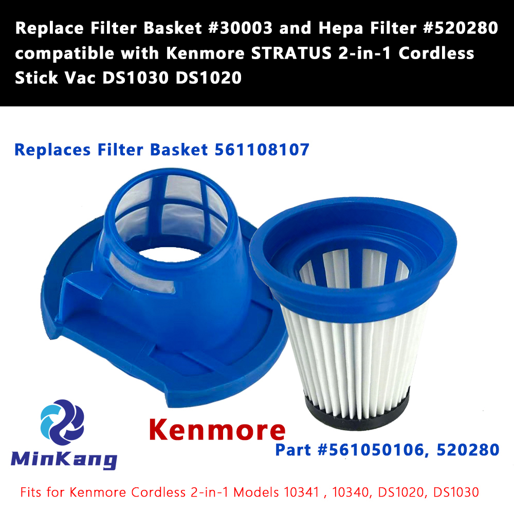 Replace Basket #30003 and Hepa Filter #520280 for Kenmore STRATUS 2-in-1 Cordless Stick Vac