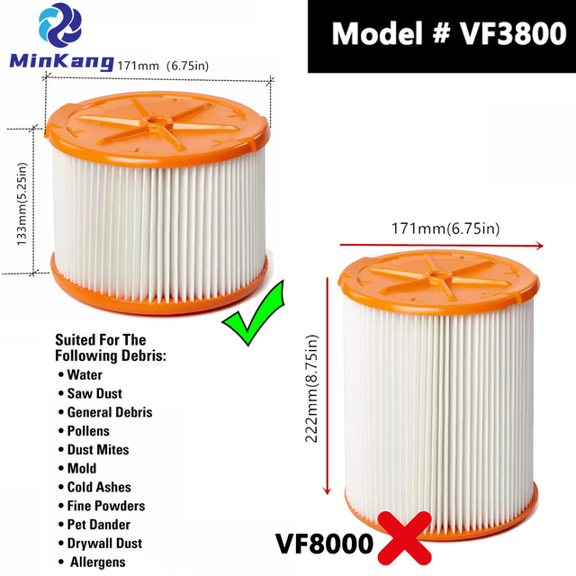 # VF3800 Replacement Pleated HEPA Filter for Most 3-4.5 Gallon RIDGID Wet Dry vacuums