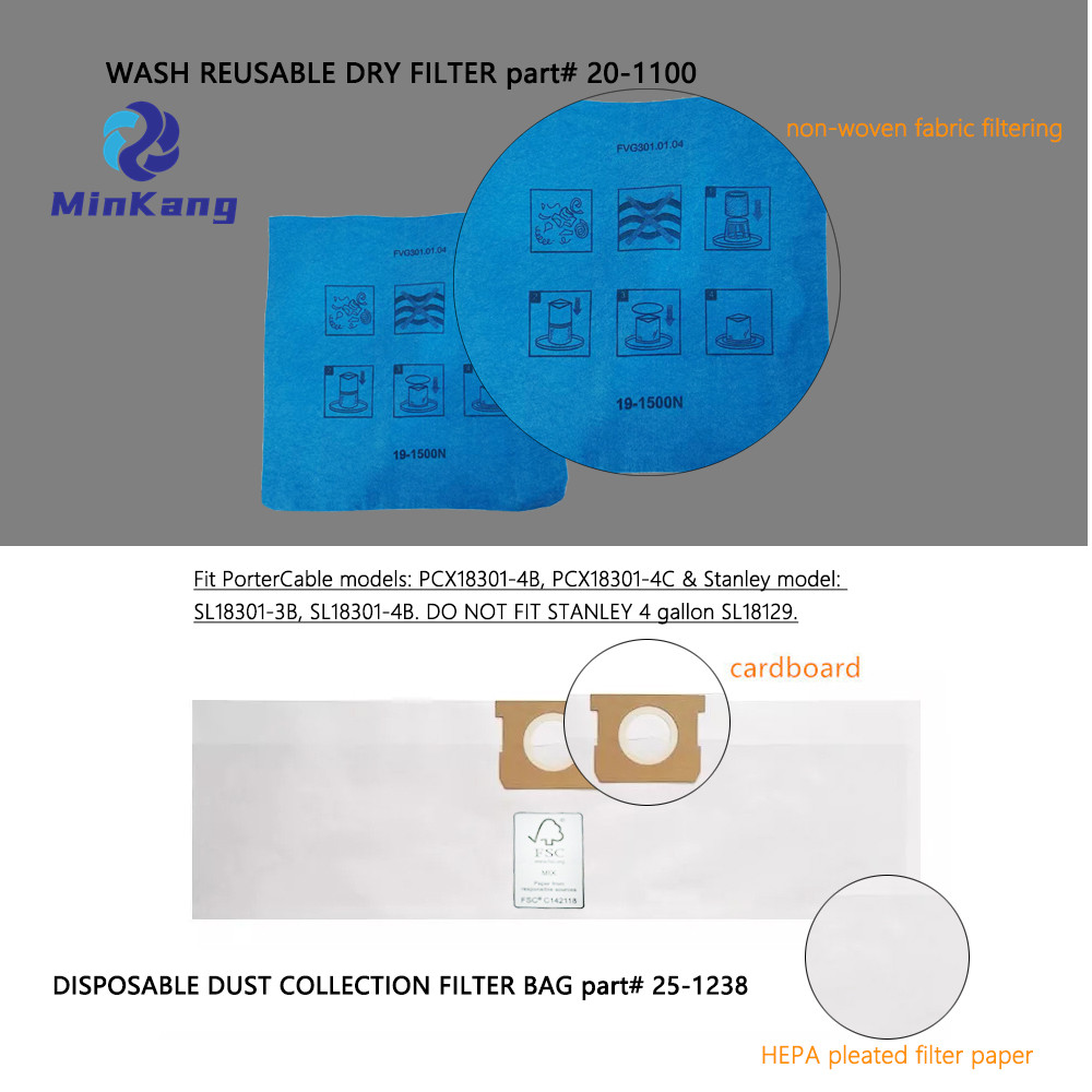 Vacuum DUST FILTER BAG and non-woven REUSABLE FILTER for Stanley and PorterCable 4 Gallon 