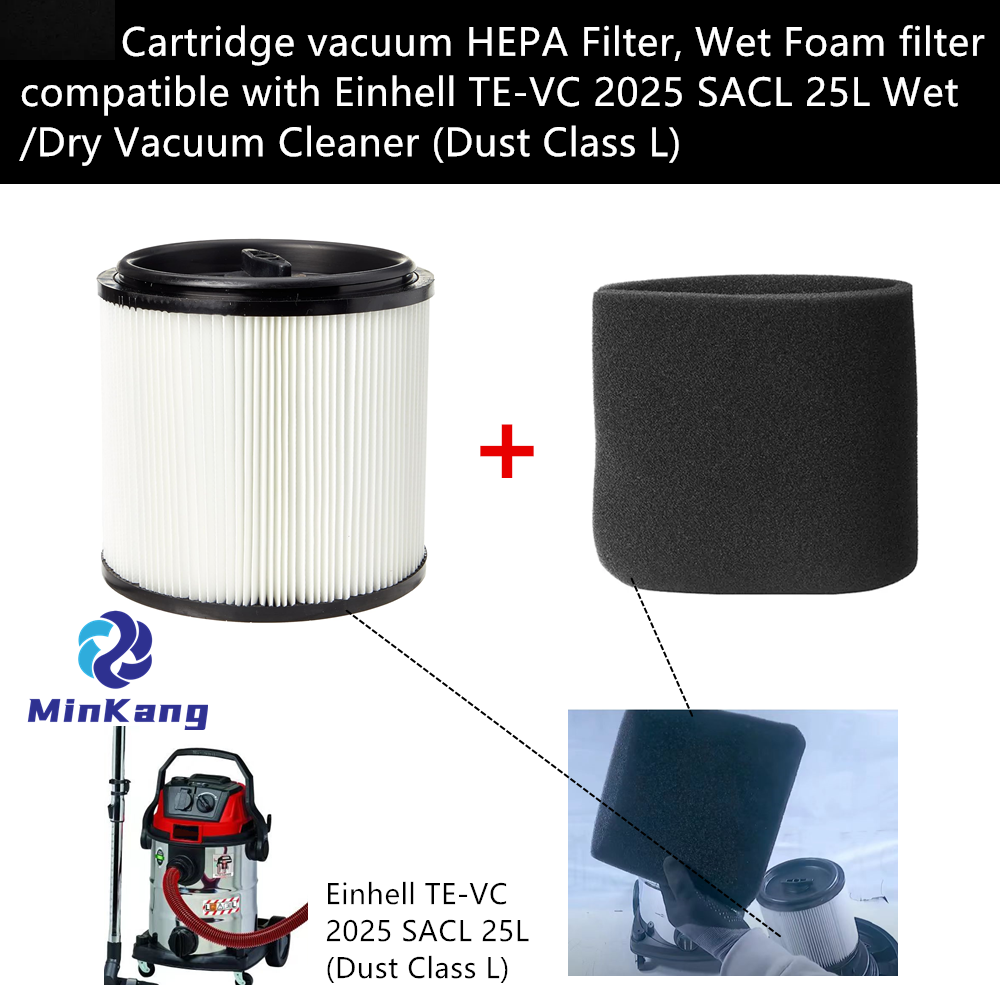 Cartridge vacuum HEPA Filter, Wet Foam filter for Einhell TE-VC 2025 SACL 25L Wet/Dry Vacuum Cleaner (Dust Class L)