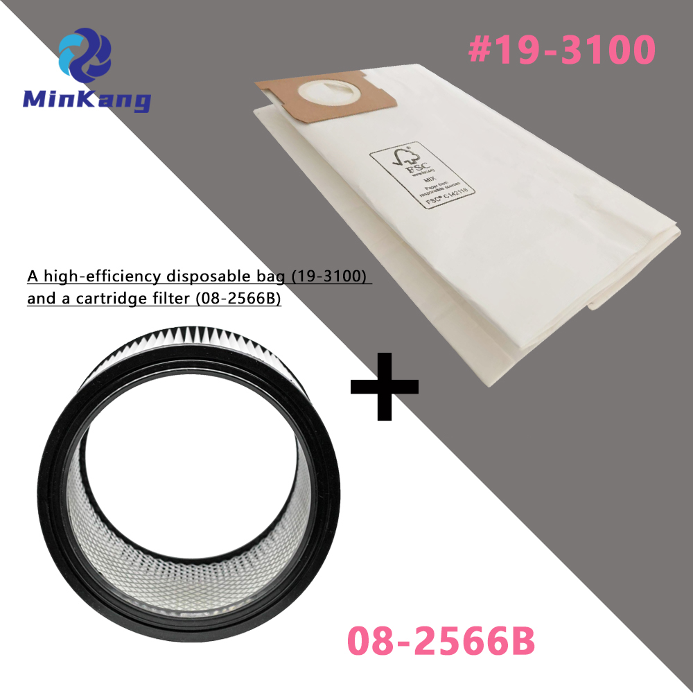 19-3100 Disposable Bag and 08-2566B cartridge replacement filter For Hyper Tough AT18419P-5A AT18419-5B 5 Gallon Wet/Dry Vacuums 