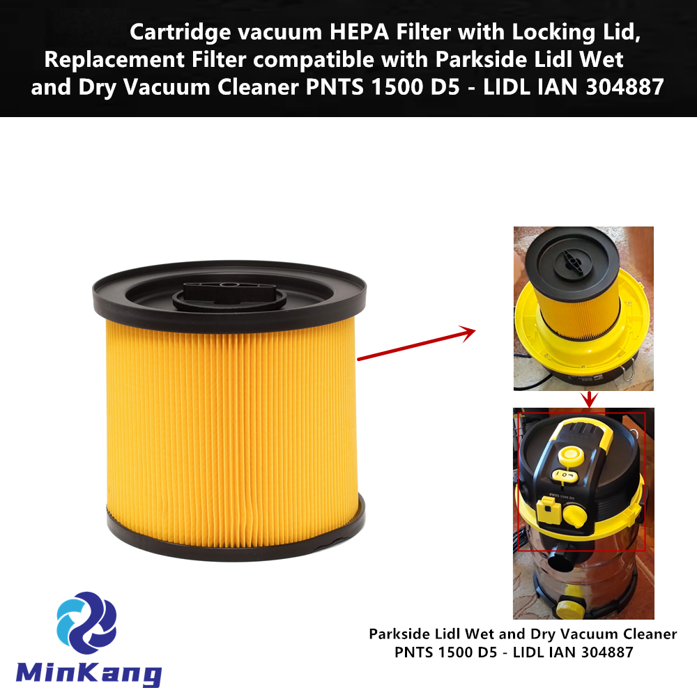 Cartridge vacuum HEPA Filter with Locking Lid, Replacement Filter for Parkside Lidl Wet and Dry Vacuum Cleaner PNTS 1500 D5 - LIDL IAN 304887