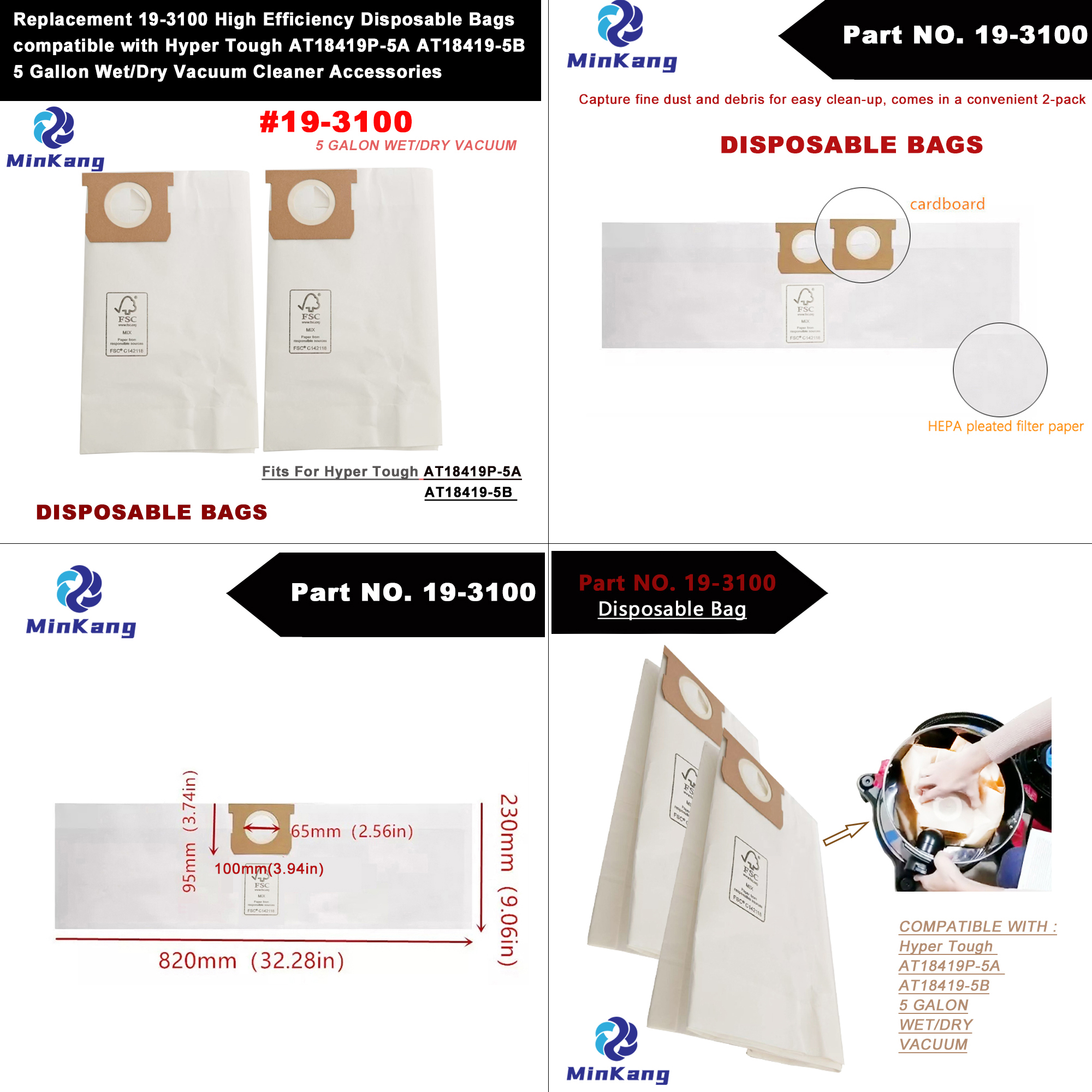 Replacement 19-3100 High Efficiency Disposable Bags