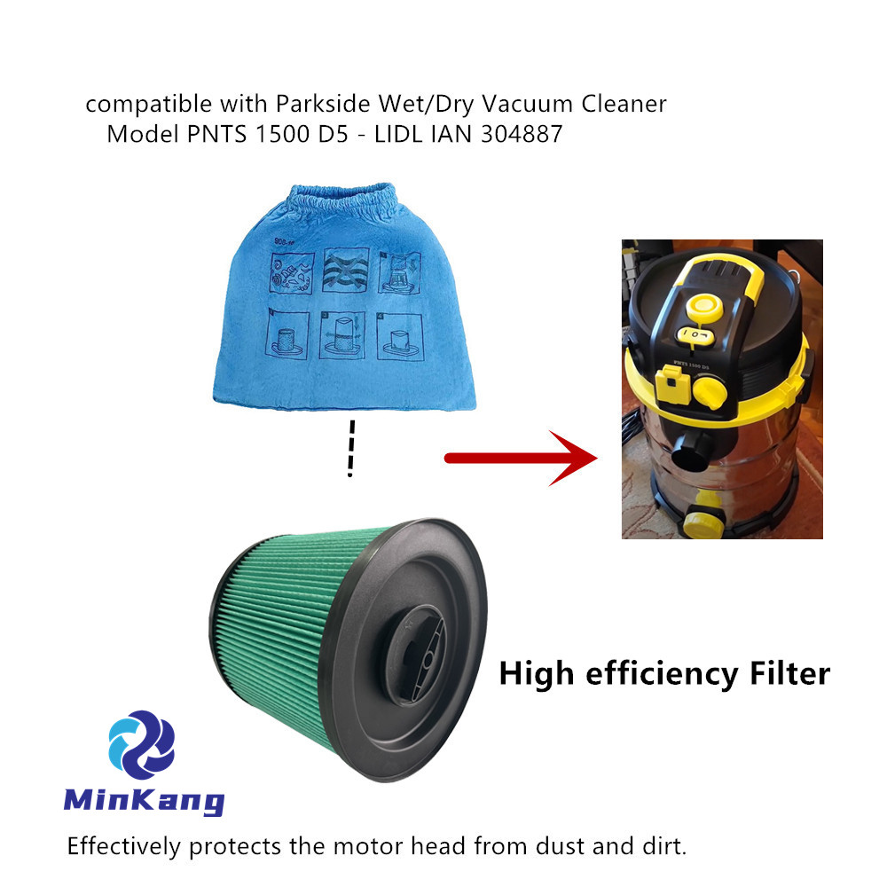 Green Cartridge vacuum HEPA Filter with Locking Lid, Textile Filter Bag Dry Filter for Parkside Lidl Wet and Dry Vacuum Cleaner 