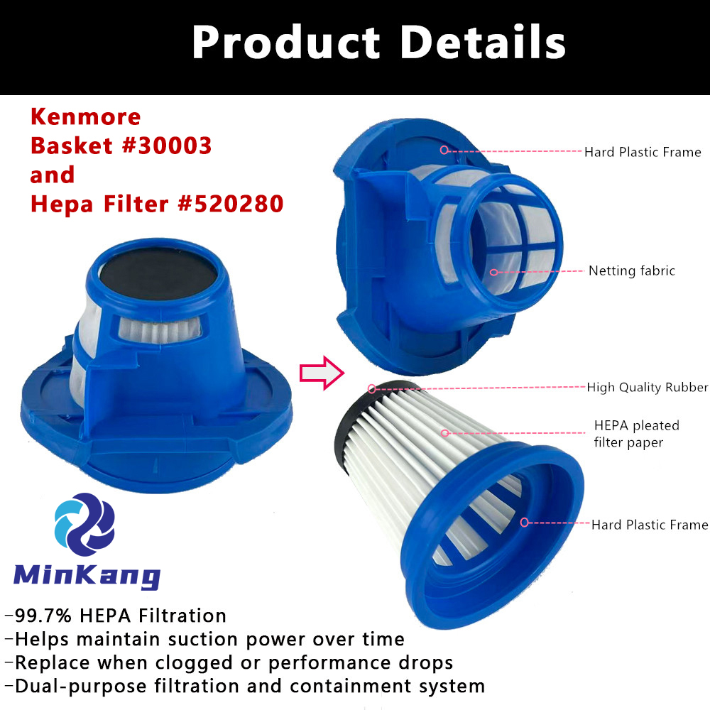 Replace Basket #30003 and Hepa Filter #520280 for Kenmore STRATUS 2-in-1 Cordless Stick Vac