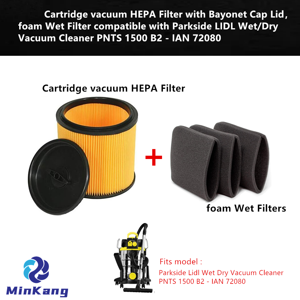 Cartridge vacuum HEPA Filter with Bayonet Cap Lid，foam Wet Filter for Parkside LIDL Wet/Dry Vacuum Cleaner PNTS 1500 B2 - IAN 72080