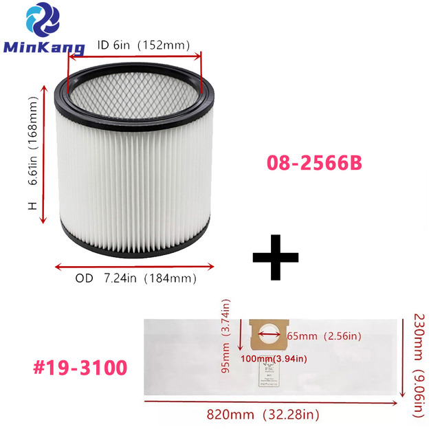 19-3100 Disposable Bag and 08-2566B cartridge replacement filter For Hyper Tough AT18419P-5A AT18419-5B 5 Gallon Wet/Dry Vacuums 