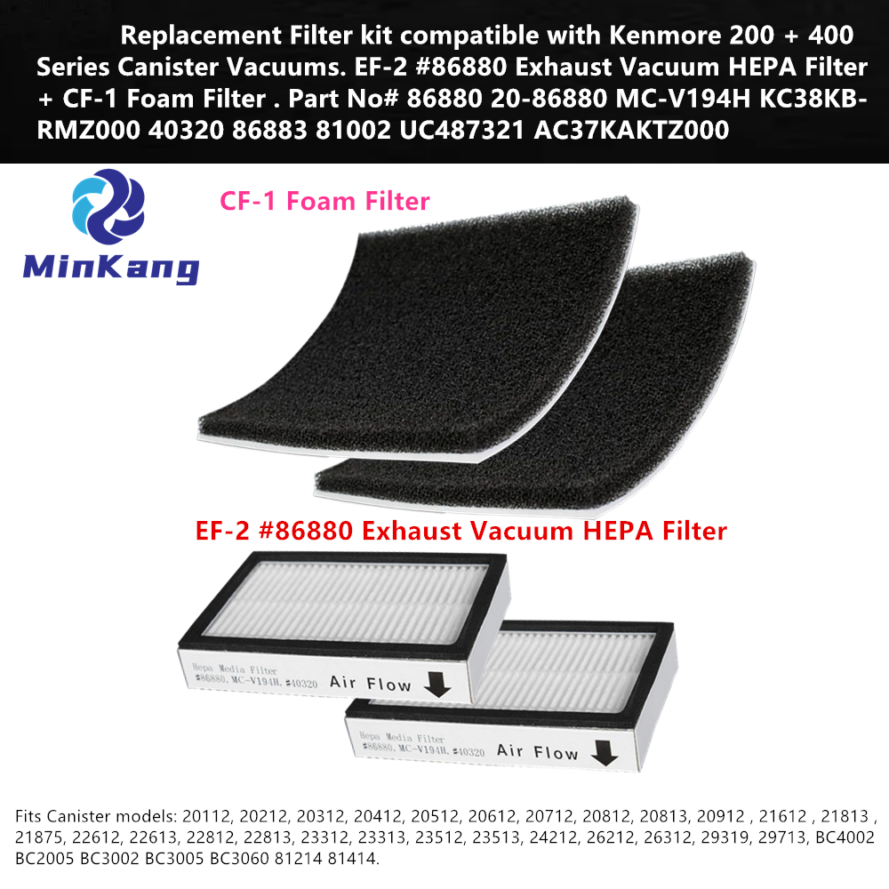 Replacement Filter kit for Kenmore 200 + 400 Series Canister Vacuums. EF-2 #86880 Exhaust Vacuum HEPA Filter + CF-1 Foam Filter