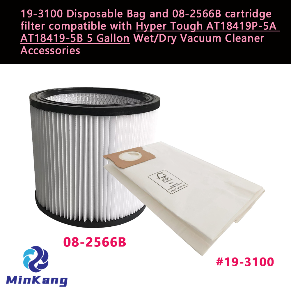 19-3100 Disposable Bag and 08-2566B cartridge replacement filter For Hyper Tough AT18419P-5A AT18419-5B 5 Gallon Wet/Dry Vacuums 