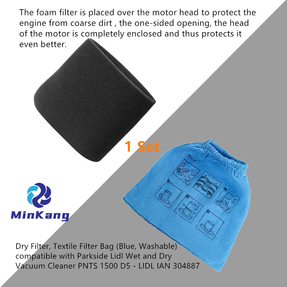 Textile Filter Bag Dry Filter, Foam Filter, Wet Filter for Parkside Lidl Wet and Dry Vacuum Cleaner PNTS 1500 D5 - LIDL IAN 304887