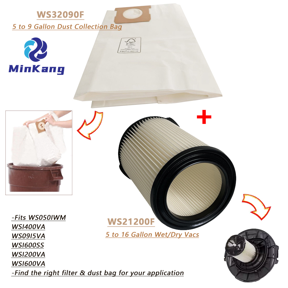 WS32090F Dust Collection Bag and WS21200F Cartridge filter replacement for WORKSHOP Wet/Dry Vacs