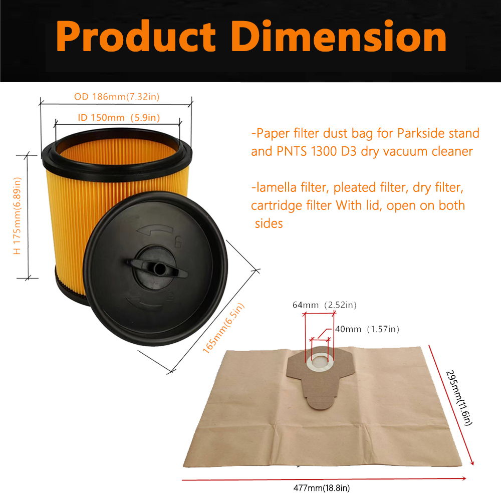 paper bag and pleated filter cartridge with lid for Parkside Wet & Dry Vacuum Cleaner PNTS 1300 D3