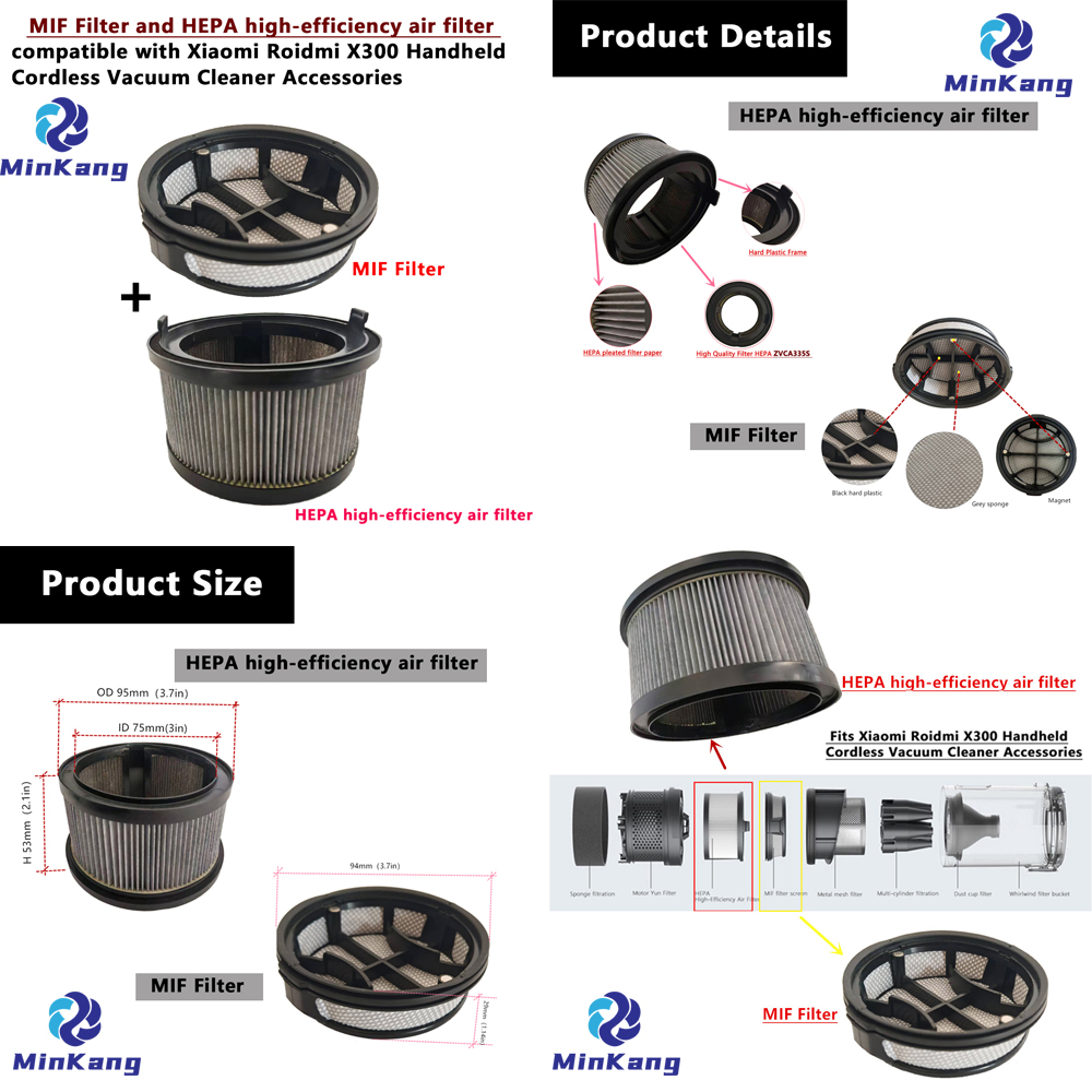  1 Set MIF Filter and HEPA high-efficiency air filter compatible with Xiaomi Roidmi X300 Handheld Cordless Vacuum Cleaner Accessories