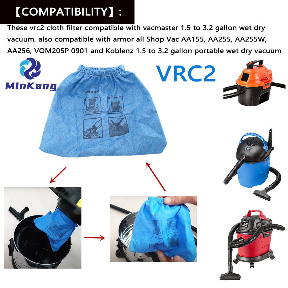 VRC2 Cloth Filter for Armor All Shop Vac AA155 AA256 AA255, Also for Vacmaster 1.5 to 3.2 Gallon Wet/Dry Vacuums