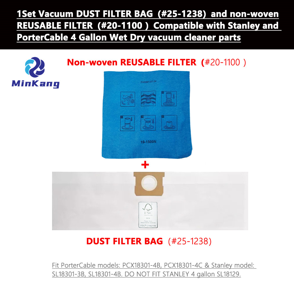 Vacuum DUST FILTER BAG and non-woven REUSABLE FILTER for Stanley and PorterCable 4 Gallon 