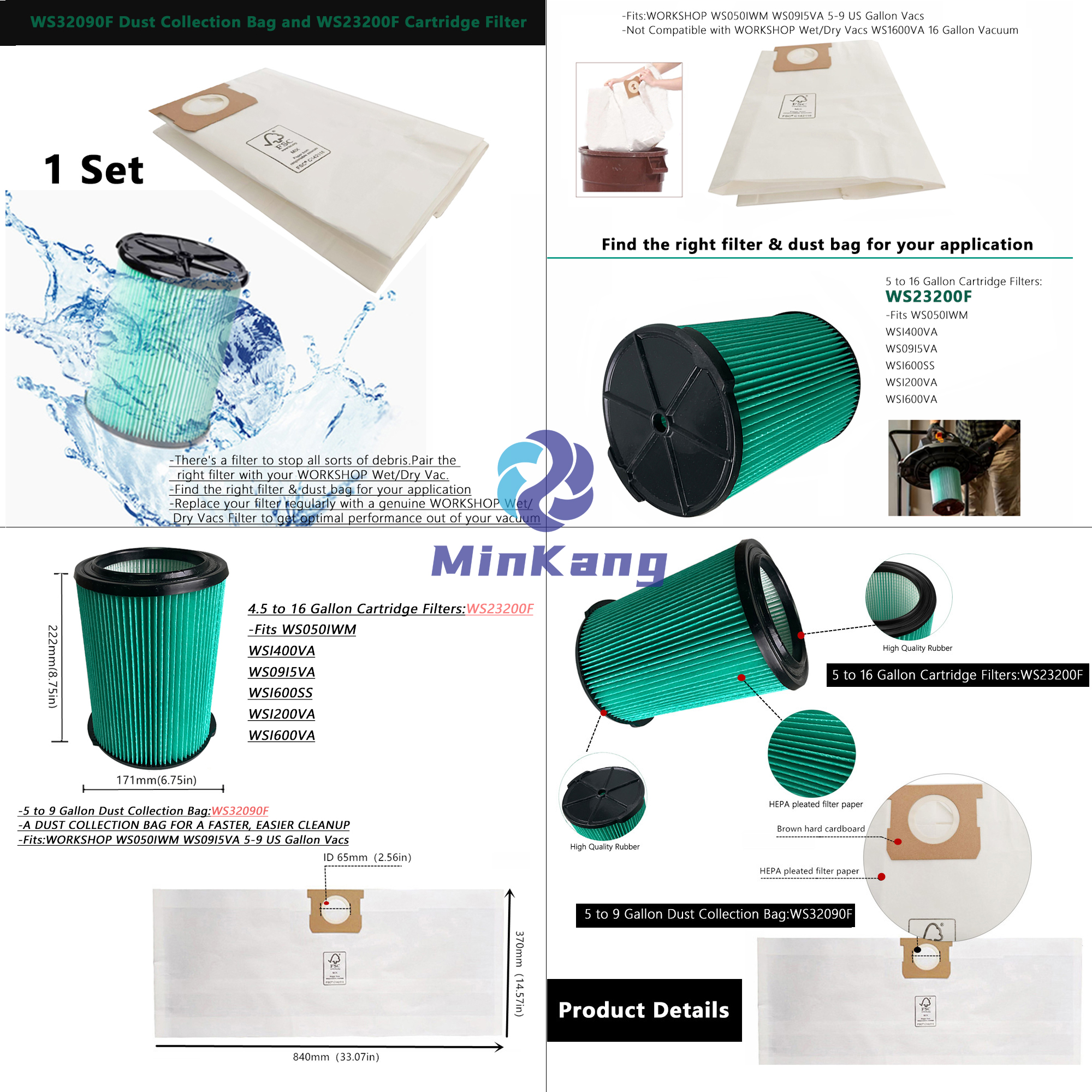 1 Set WS32090F Dust Collection Bag and WS23200F Cartridge Filter