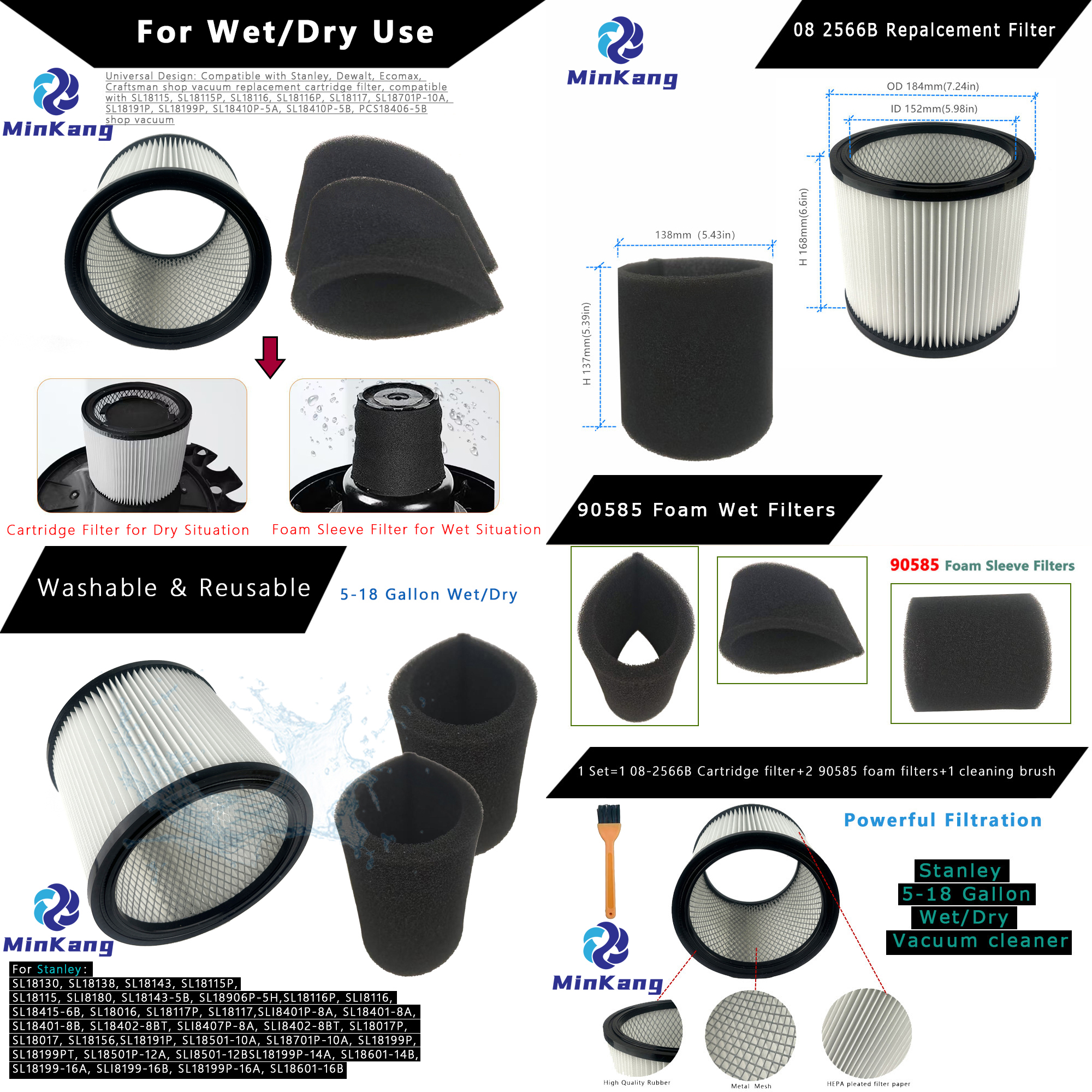 08 2566B Repalcement Filter and 90585 Foam Wet Filters compatible with Stanley SL18115/SL18115P/SL18116/SL18116P/SL18191P/SL18199P/SL18117 5-18 Gallon Wet/Dry Vacuum cleaner parts
