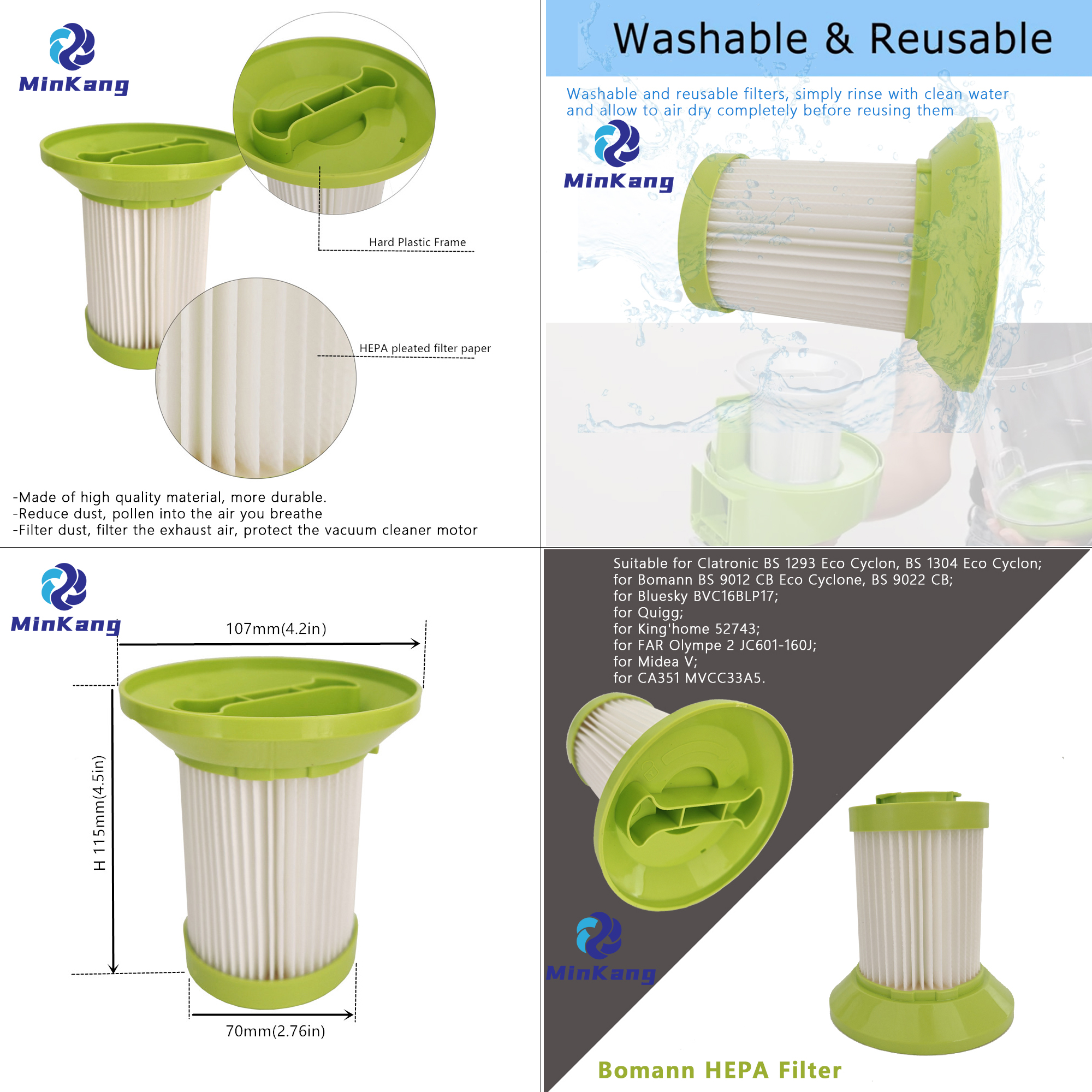 HEPA Filter compatible with Bomann BS 9022 CB ,Clatronic BS 1293 Eco Cyclon, VCA351 MVCC33A5 Robot Vacuum Cleaner Replacement Parts