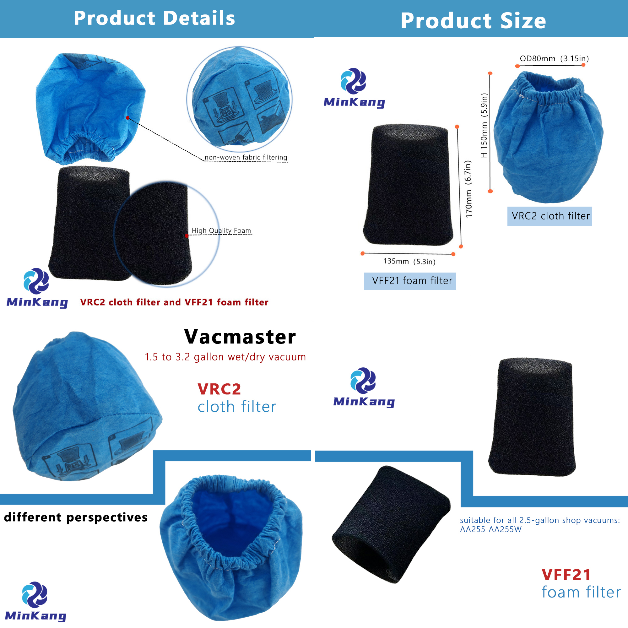 VRC2 vacuum cleaner cloth filter dust bag and VFF21 foam filter